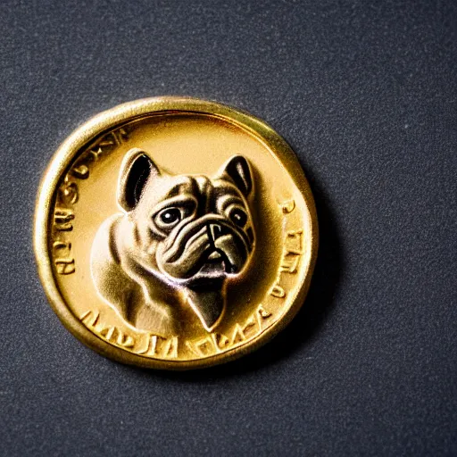 Image similar to an ancient roman gold coin with the face of a french bulldog, close up photo, ultra realistic, studio photo, bokeh.