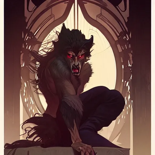 Image similar to a male werewolf, illustration, thriller atmosphere, art by artgerm and greg rutkowski and alphonse mucha