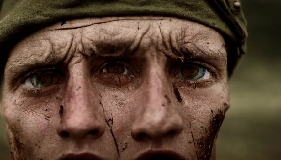Image similar to World War 1 soldier screaming in anguish, close-up of face, wartorn landscape, dirty lens, shallow depth of field, cinematic lighting, IMAX, cinematography by Roger Deakins, 35mm