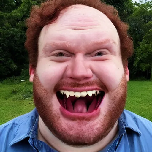 Image similar to a guy with a heavily receding hairline and curly reddish brown hair with multiple chins receding his head into his multiple chins while making a stupid funny meme face selfie