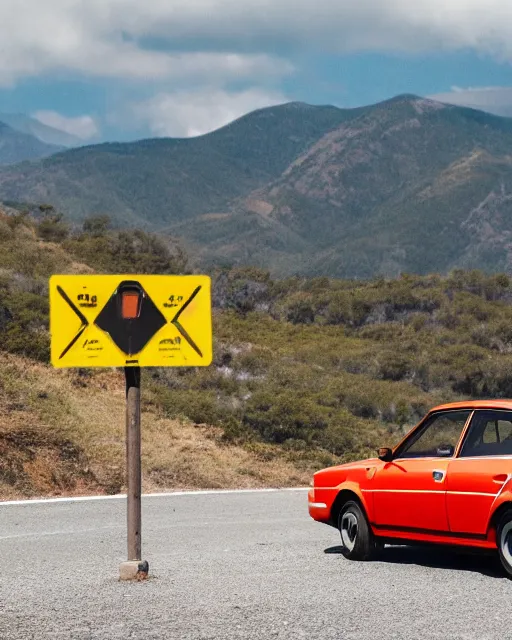 Prompt: film still of a toyota levin, mountain backround with a traffic cone nearby.