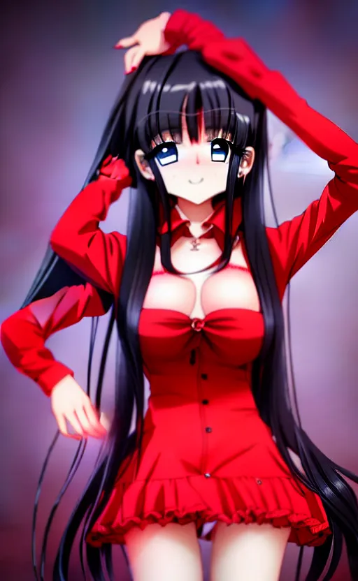 Image similar to anime girl with a detailed face and black hair in a red outfit, full body, trending, high quality, award winning, 4 k, 8 k, artstation,