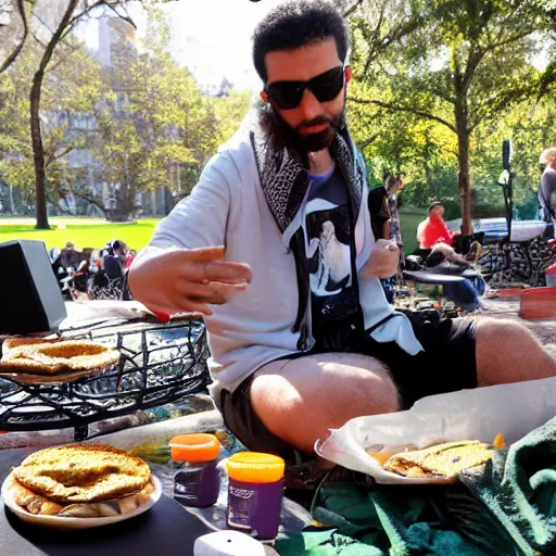 Prompt: in the park, a disc jockey playing music from turntables and eating a falafel pita sandwich