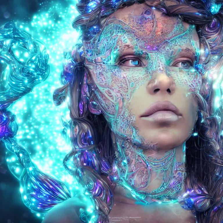 Prompt: a mechanical euphoric realistic goddess staring into the camera in a photo shoot with holographic eyes, braided hair, jewelry, tattoos, the entire image is covered in a fractal designs and Mandelbrot bursts with cinematic lighting, unreal engine, trending on artstation, hyper realistic, surrealist, perfect symmetry, visionary art, inspiring