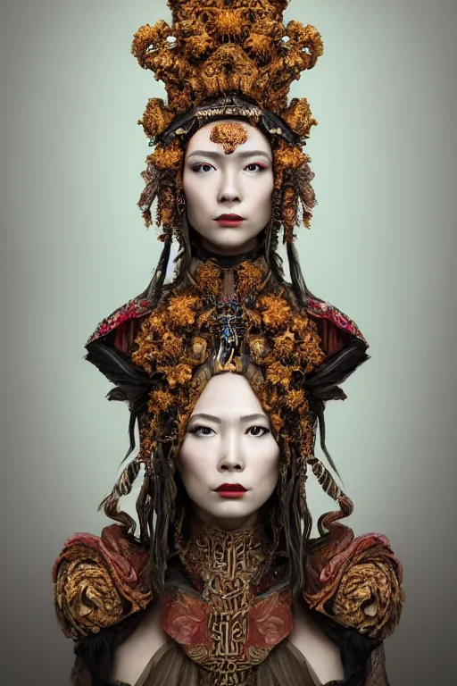 Prompt: a beautiful empress portrait, with a gross, impossible striking big worm headpiece, clothes entirely made out of worms, everything worms, symmetrical, dramatic studio lighting, rococo, baroque, asian, hyperrealism, closeup, D&D, fantasy, intricate, elegant, highly detailed, digital painting, artstation, octane render, 8k, concept art, matte, sharp focus, illustration, art by Artgerm and Greg Rutkowski and Alphonse Mucha