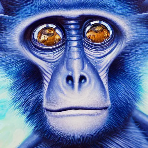 Image similar to blue monkey lying on his back looking up at the stars, oil on canvas, intricate, 8 k highly professionally detailed, hdr, cgsociety