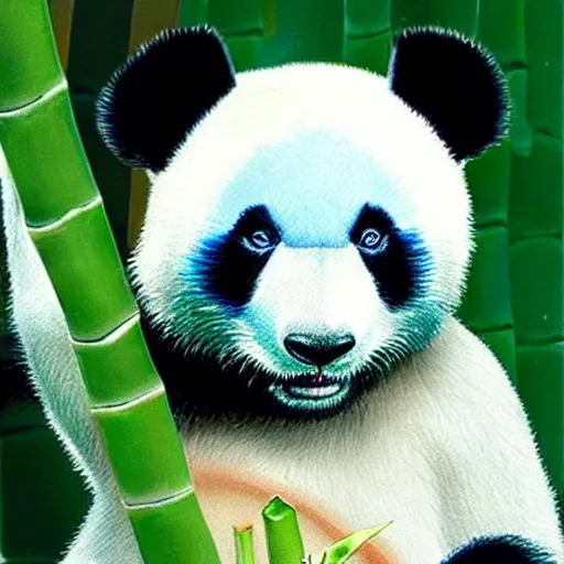 Prompt: Blue Panda with a sparkle multi-colored eyes on in a ruby-colored bamboo forest, fireflies are in the air, night