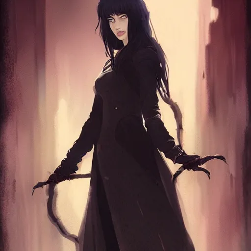 Image similar to female human vampire witch in the style of greg rutkowski, makoto shinkai, trending on artstation, character design, concept art, pretty face, highly detailed, long black hair, portrait, digital art