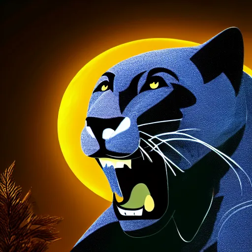 Image similar to a panther roaring at the moon in a forest during the night, large moon in the center. high quality. artistic. illustration. 4 k. cinematic. photoreal. highly detailed. dramatic. dark colors. night.