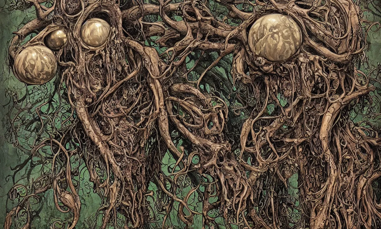 Image similar to hyperdetailed art nouveau portrait of treebeard as a cthulhu eyeball moose skull wendigo cryptid monster, by geof darrow, simon bisley and bill sienkiewicz, grim yet sparkling atmosphere, photorealism, claws, skeleton, antlers, fangs, forest, wild, crazy, horror, lynn varley, lovern kindzierski, steve oliff