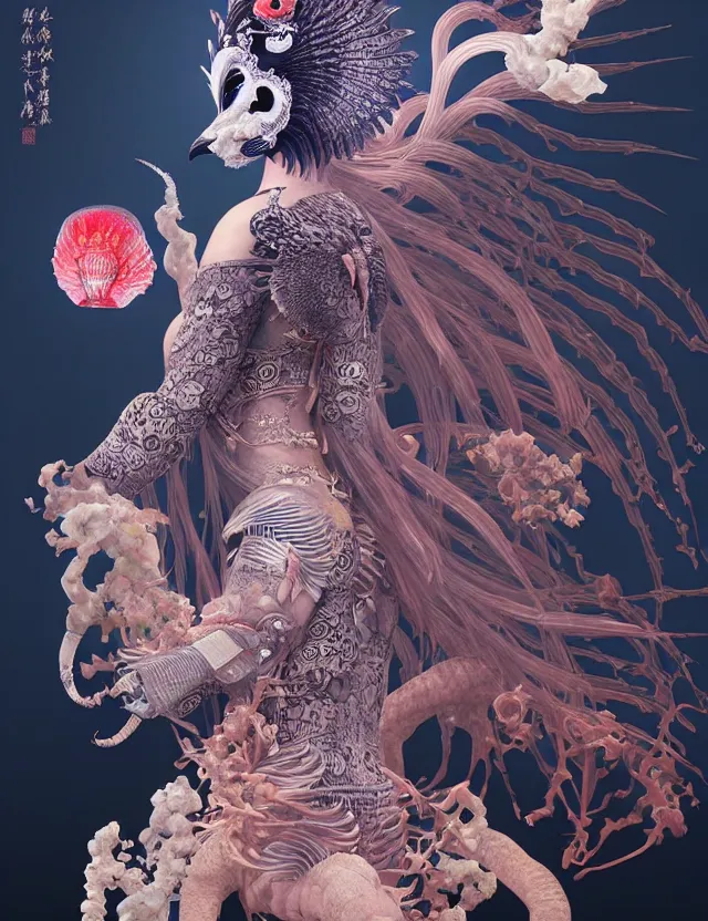 Image similar to 3 d goddess bottom - up with ram skull. beautiful intricately detailed japanese crow kitsune mask and clasical japanese kimono. betta fish, jellyfish phoenix, bio luminescent, plasma, ice, water, wind, creature, artwork by tooth wu and wlop and beeple and greg rutkowski