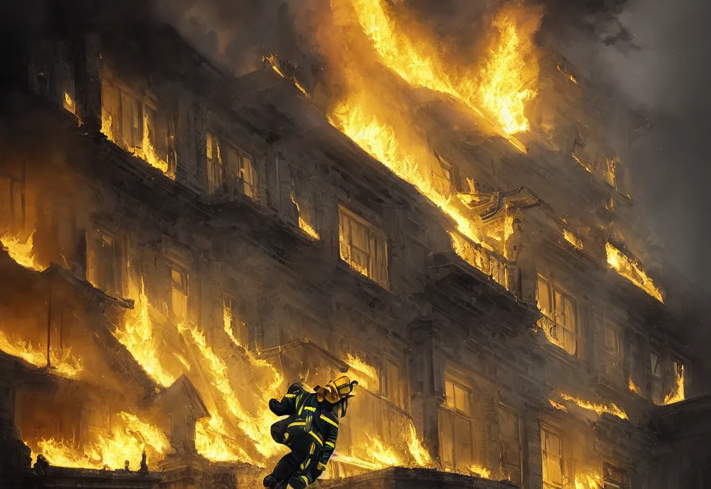 Prompt: an heroic firefighter in action in black and yellow uniform, inside the white house, fire flames, sharp details, sharp focus, photorealistic, octane, hyper detailed, trending on deviantart, illustration, by jordan grimmer and greg rutkowski and pine ( ハイネ ), intricate