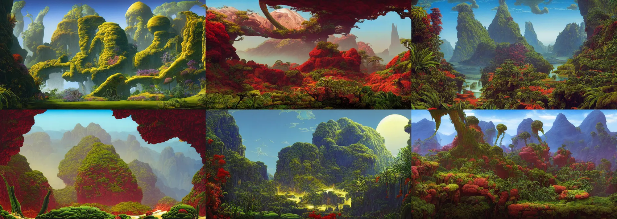 Prompt: beautiful rendering of xenoplanet by roger dean and moebius, exotic plants by martin johnson heade, mantra rendering, matte painting, high detailed, 4 k, trending on artstation