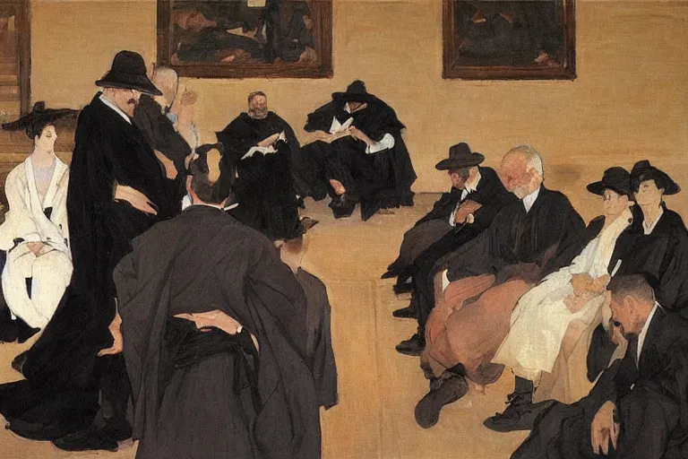 Prompt: a man in black robes interrupts a conference stage podium by joaquin sorolla, greg rutkowski, hokusai