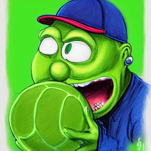 Prompt: a Eminem, marshal Mathers, slim shady tennis ball monster, tennis ball, chalk, digital art, fantasy, magic, trending on artstation, ultra detailed, professional illustration by Basil Gogos