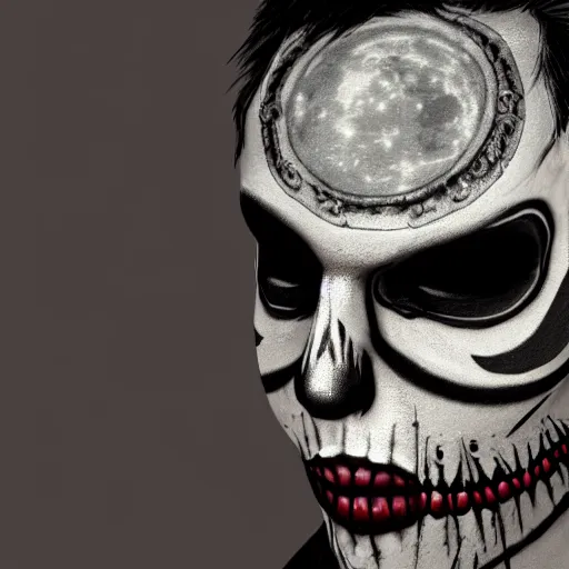 Image similar to a close up of a man with calavera makeup on and glowing eyes, dark background with the moon visible, concept art, trending on artstation, harsh dramatic lighting