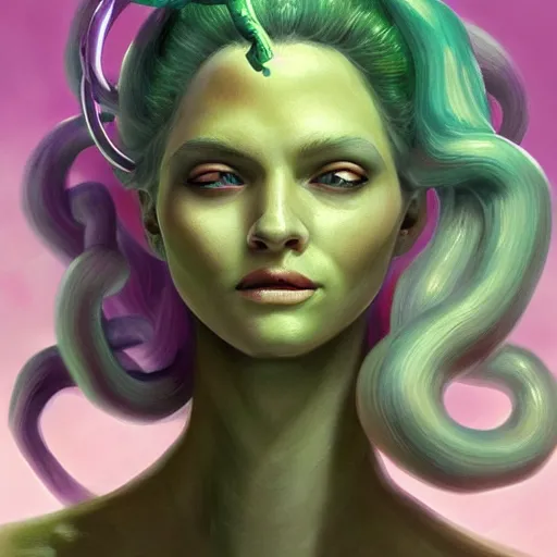 Image similar to medusa portrait painting, wicked smile, artstation, detailed, blurred background