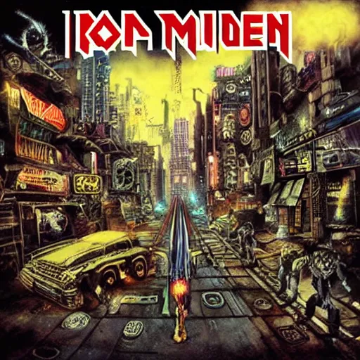 Image similar to Iron Maiden album cover cyberpunk Eddie city streets dystopian night time Street lights