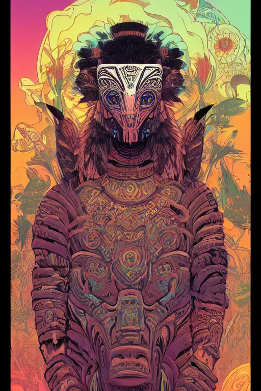 Image similar to totem animal tribal chaman vodoo mask feather gemstone plant video game illustration vivid color borderlands and by feng zhu and loish and laurie greasley, victo ngai, andreas rocha, john harris radiating a glowing aura