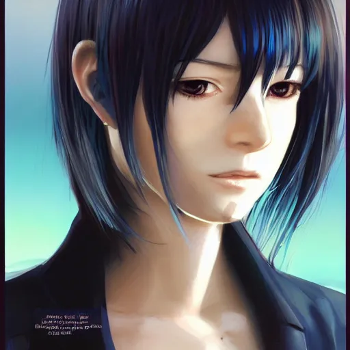 Image similar to profile shot of rimuru tempest, sky blue, straight hair, long bangs, amber eyes, wearing a black jacket!! with white stripes, high collar, highly detailed, unreal engine 5, digital painting, cinematic, wlop | artgerm, pixiv, yoshitaka amano, greg rutkowski, ilya kuvshinov, andy warhol