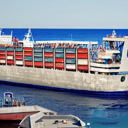 Image similar to a photograph of a ship full of scholars, wide shot, sunny day, soft focus