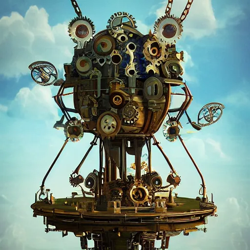 Image similar to flying city in a mechanical flower, sky, symmetry, fantasy art, steampunk, masterpiece, octane