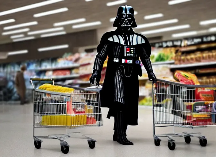 Prompt: film still of Darth Vader goes grocery shopping in the new Star Wars movie, 4k