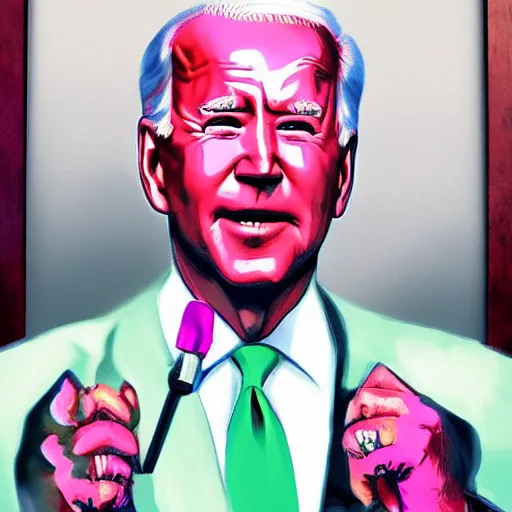 Prompt: a portrait of president biden as. a pimp with a pink sportscar in the background