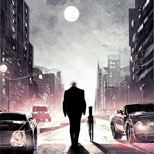 Prompt: Thomas Jane, an illustration of Bruce Wayne and Clark Kent in the streets of Gotham City, art by Ilya Kuvshinov, highly detailed, night, moonlight, comics, epic landscape, HD digital art, artstation