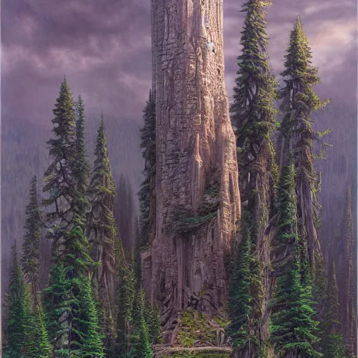 Prompt: Large forest with great Wizard tower standing proudly above the treeline, wide angle, cinematic, art by Donato Giancola and Bayard Wu, digital art, trending on artstation