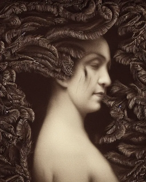 Prompt: a woman's face in profile, made of intricate owl feathers, in the style of the dutch masters and gregory crewdson, dark and moody