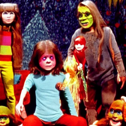 Prompt: still from 1977 live-action children's tv show about a goblin who enters an eyeball cult color