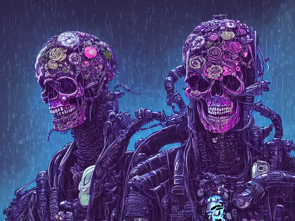 Prompt: high detailed dead android skull samurai with plants around the neck in a cyberpunk rainy city at night by Josan Gonzalez, purple and blue neons, unreal engine, high quality, 4K, UHD, trending on ArtStation, wires, blade runner vibes, ghost in the shell, akira, dorohedoro