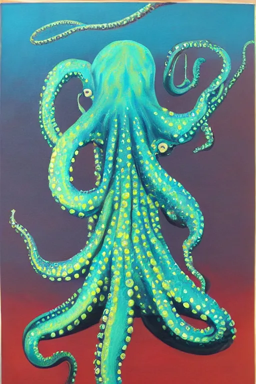 Prompt: oil painting, teal octopus, golden accents