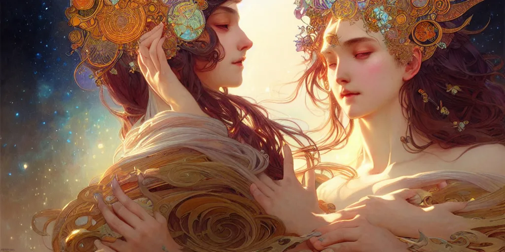 Image similar to a beautiful illustration of a cosmic goddess, intricate, sharp focus, illustration, highly detailed, digital painting, concept art, matte, art by wlop and artgerm and greg rutkowski and alphonse mucha, masterpiece