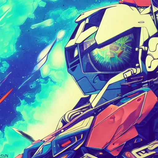 Image similar to An extremely Gundam psychedelic experience, colorful, surreal, mecha, LSD, face, jet turbine, tarot, detailed, intricate, elegant, highly detailed, super detailed, insane detailed, digital painting, concept art, smooth, sharp focus, illustration, art by josan gonzales, Krenz Cushar, Marco Plouffe, dan mumford, Artem Demura and alphonse mucha