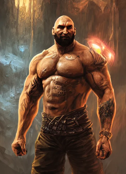 Prompt: A fantasy comic book style portrait painting of Dave Bautista as epic warrior in a stunning fantasy fortress, unreal 5, DAZ, hyperrealistic, octane render, RPG portrait, dynamic lighting