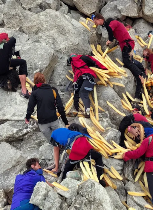 Prompt: a group of mountain climbers climbing a 3000 feet high mountain of french fries,