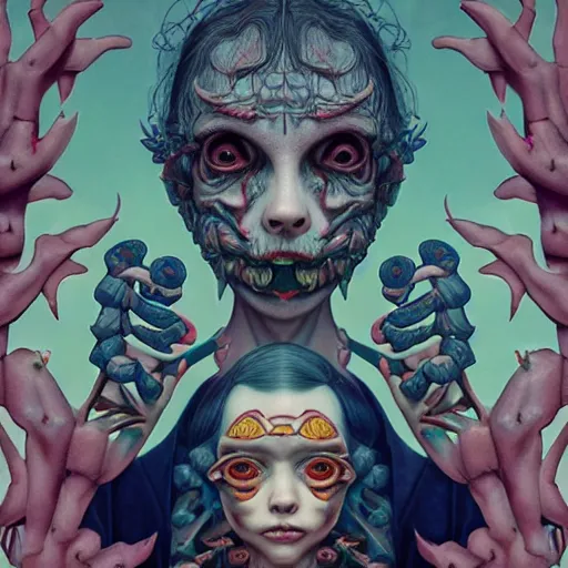 Prompt: creepy twins:: by Martine Johanna and Simon Stålenhag and Chie Yoshii and Casey Weldon and Guillermo del toro :: ornate, dynamic, particulate, intricate, elegant, highly detailed, centered, artstation, smooth, sharp focus, octane render, 3d