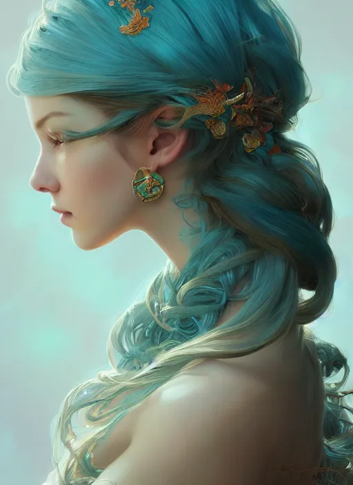 Image similar to beautiful girl with long turqoise hair, cute, intricate, highly detailed, digital painting, trending on artstation, concept art, smooth, sharp focus, illustration, unreal engine 5, 8 k, art by artgerm and greg rutkowski and alphonse mucha