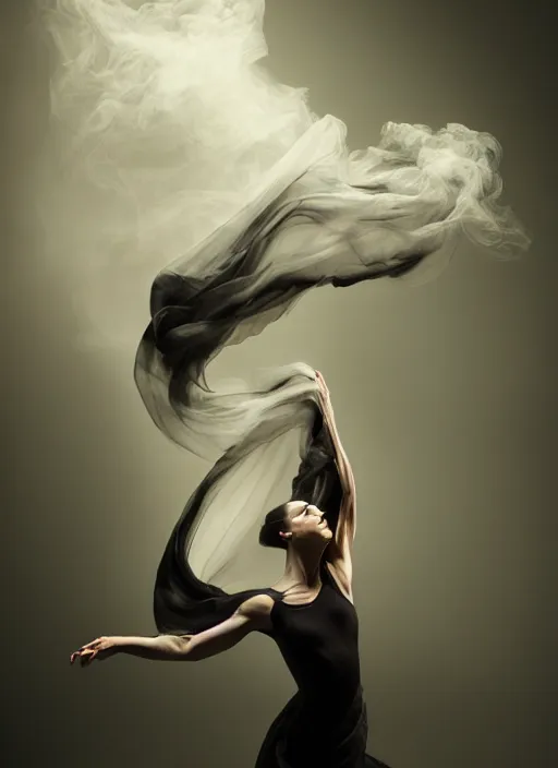 Image similar to a Photorealistic dramatic hyperrealistic render of a glamorous beautiful Female smoke dancer by Ken Brower and Deborah Ory of NYC Dance project,Lois Greenfield,Flowing cloth and smoke,Beautiful dynamic dramatic dark moody lighting,volumetric,shadows,cinematic atmosphere,Octane render,8K