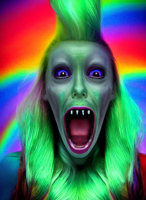 Prompt: a brutal terrifying and mysterious weird woman warped in horror with long rainbow - colored hair, her skin has gaps, spikes, and complex alien textures, terrifying and mysterious