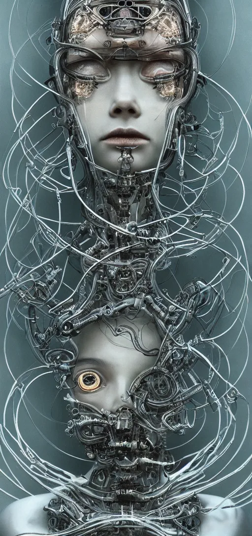 Prompt: female robot pilot, mechanical creature, electronic wires relays computer nerves, girl face, dystopian surrealism, alex ries zdzisław beksinski giger, very intricate details, demon chinese female, deep luminous eyes contain galaxies, head contains nebula, deep aesthetic, concept art, carved silver circuits diodes resistors semiconductors, highly ornate