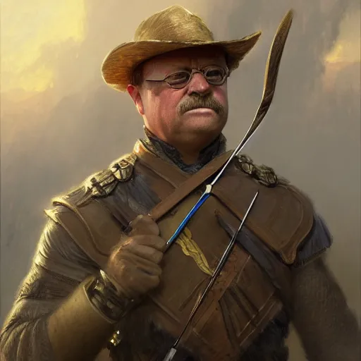 Prompt: portrait of Theodore Roosevelt as Hawkeye, fantasy, intricate, elegant, digital painting, trending on artstation, concept art, sharp focus, illustration by Gaston Bussiere and artgerm, 4k.