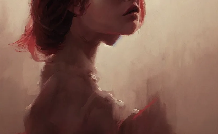 Image similar to a painting of virtualrose trending on artstation in the style of greg rutkowski, beautiful, young female, sensual, natural skin, brown hair, red rose in hair, natural sensuality