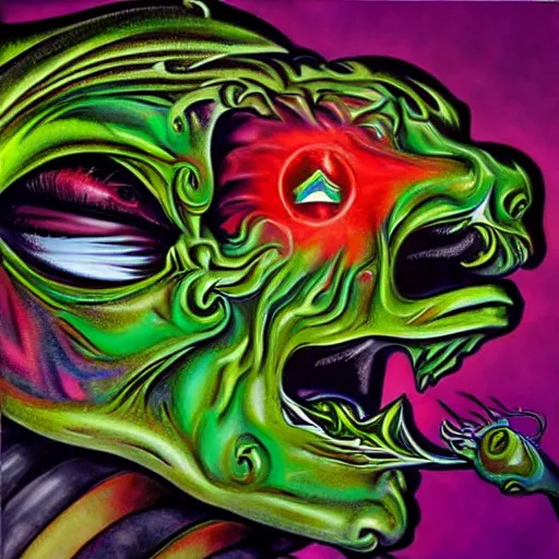 Image similar to psychedelic airbrush art of an orc driving a motorcycle