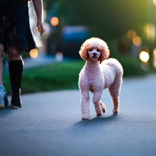 Prompt: a small poodle, walking on the street, on a leash, owner on the right hand side, photorealistic, 4k