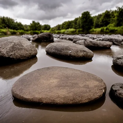 Prompt: detailed footage of european hunger stones in a river, photographic journalism, realistic, european river, carvings of drought and famine