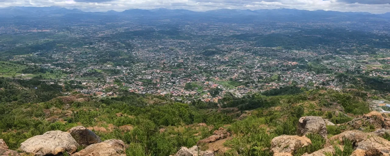 Prompt: a photo taken from the top of a mountain range, looking down on the view, small city on the horizon