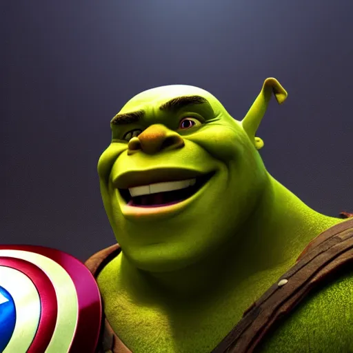 Image similar to digital painting of Shrek as Captain America, octane render, volumetric lightening, by marvel